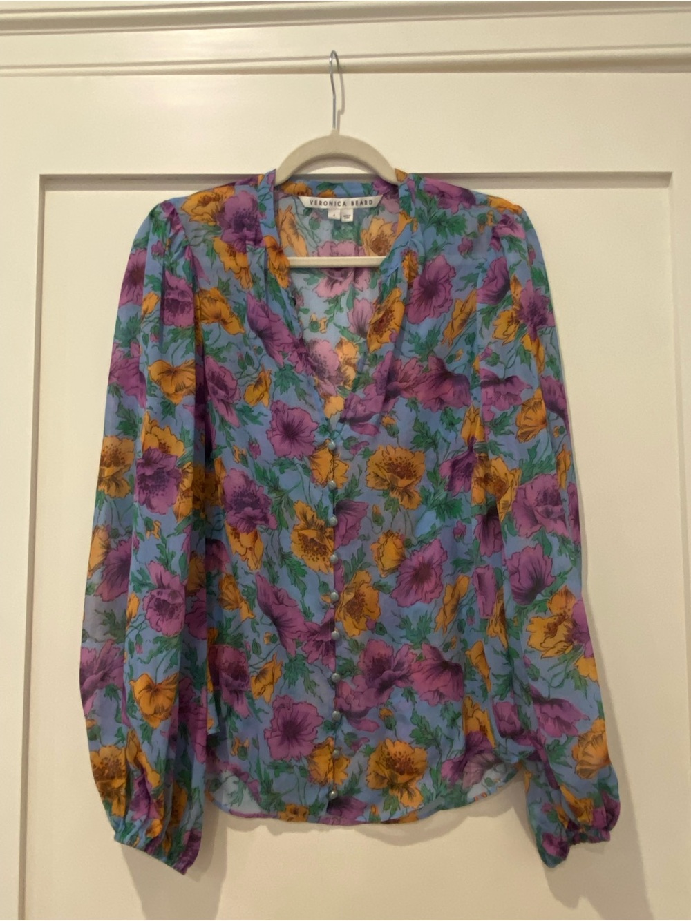 Veronica Beard Blue Floral Button-Front Blouse, Size 4, Like New